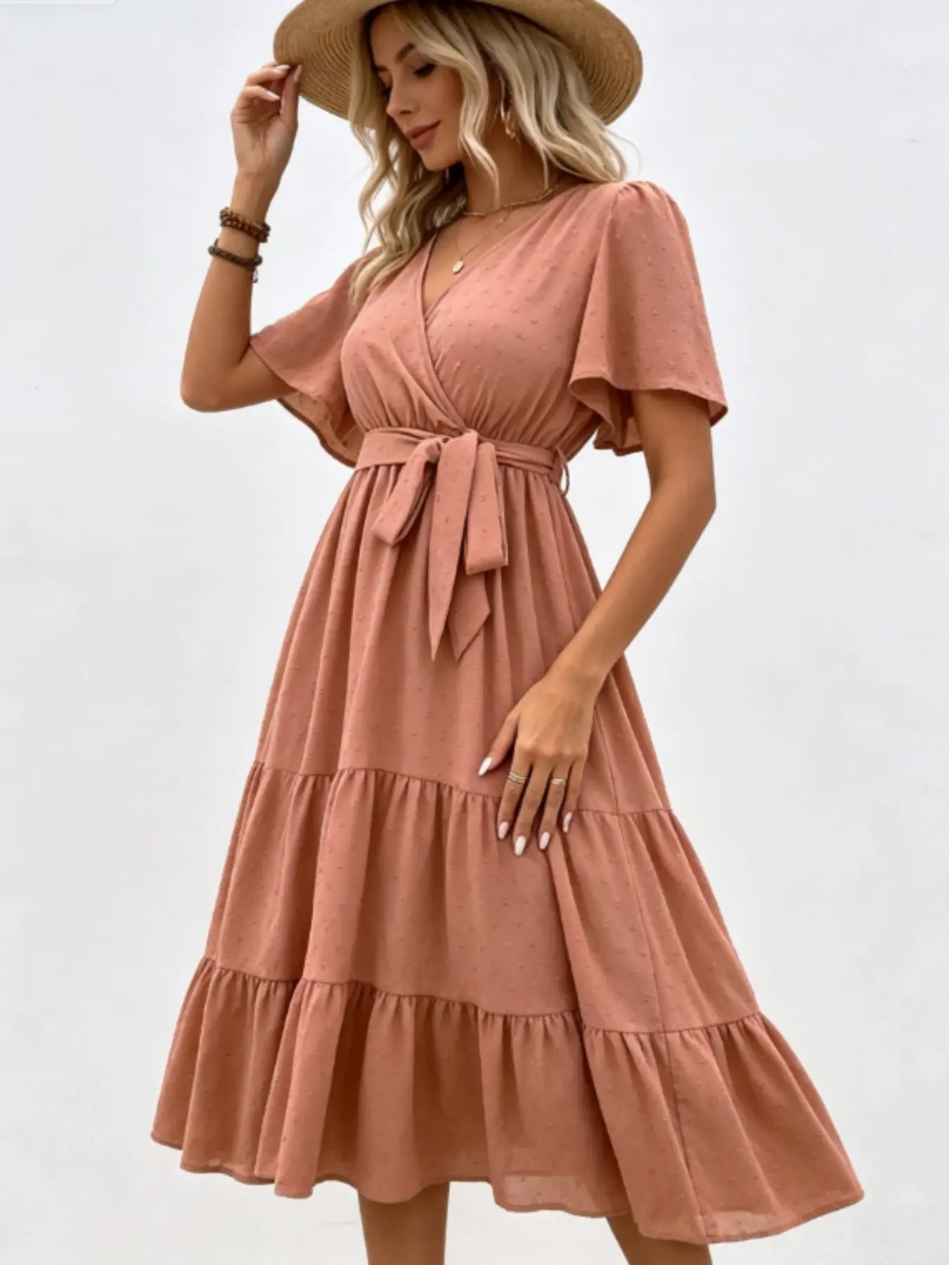 Elegant Light Floral V-Neck Dress, Waist Cinch Tie Long Skirt, Short Sleeve Summer Party Dress, Women's Fashion Midi Dress, Elegance