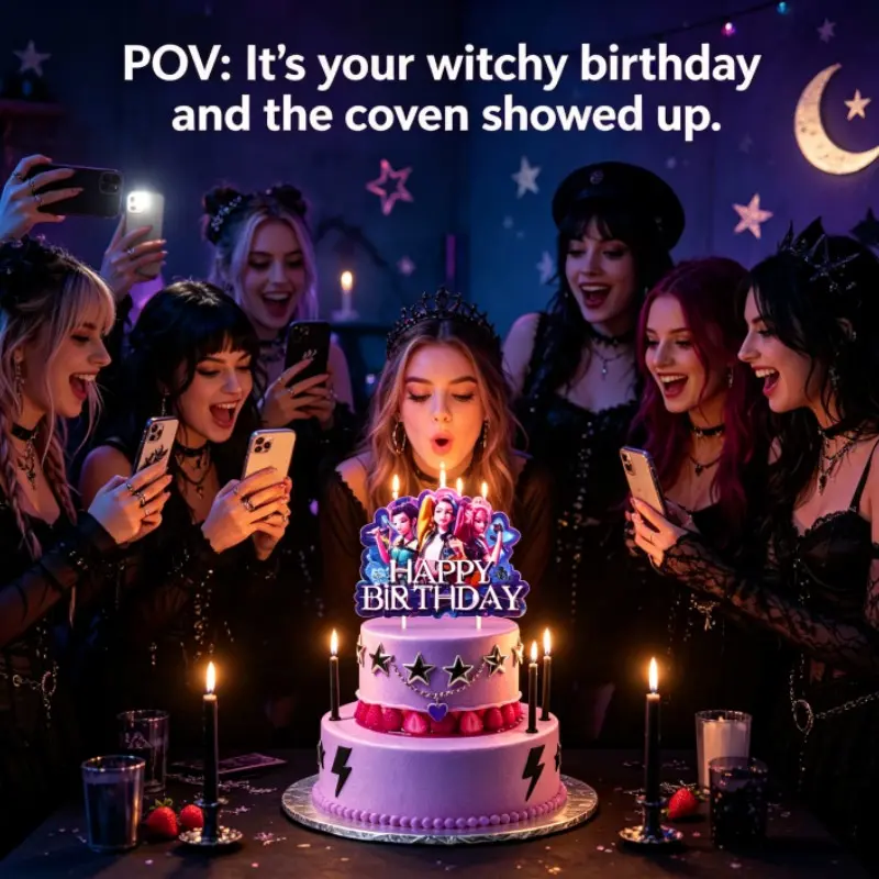 K-Pop Cake Topper 16cm 6.3in, Double Sided Gothic Dark Fantasy, Birthday Cake Decor, Witchy Coven Party Supplies, Halloween Birthday Party Decorations
