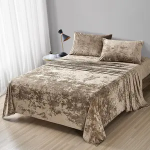 Distressed Velvet Sheet Set, 4 Pieces Khaki Queen, Soft, Warm