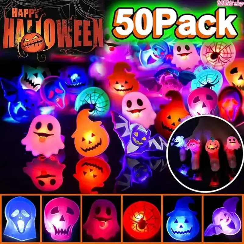 50Pcs Spooky Lightweight Glow In Dark LED Halloween Rings - Viral 2026 Light Up Trick Or Treat Party Favors, Flashing Bulk Holiday Supply, Bright Novelty Accessory for Kids