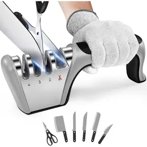 5-in-1 Knife Sharpener 4 Stage with Cut-Resistant Glove, Quickly Sharpens & Restores Dull Blades, Easy & Safe for Home Kitchen Use, Fits Most Knives and Scissors, Black+Silver