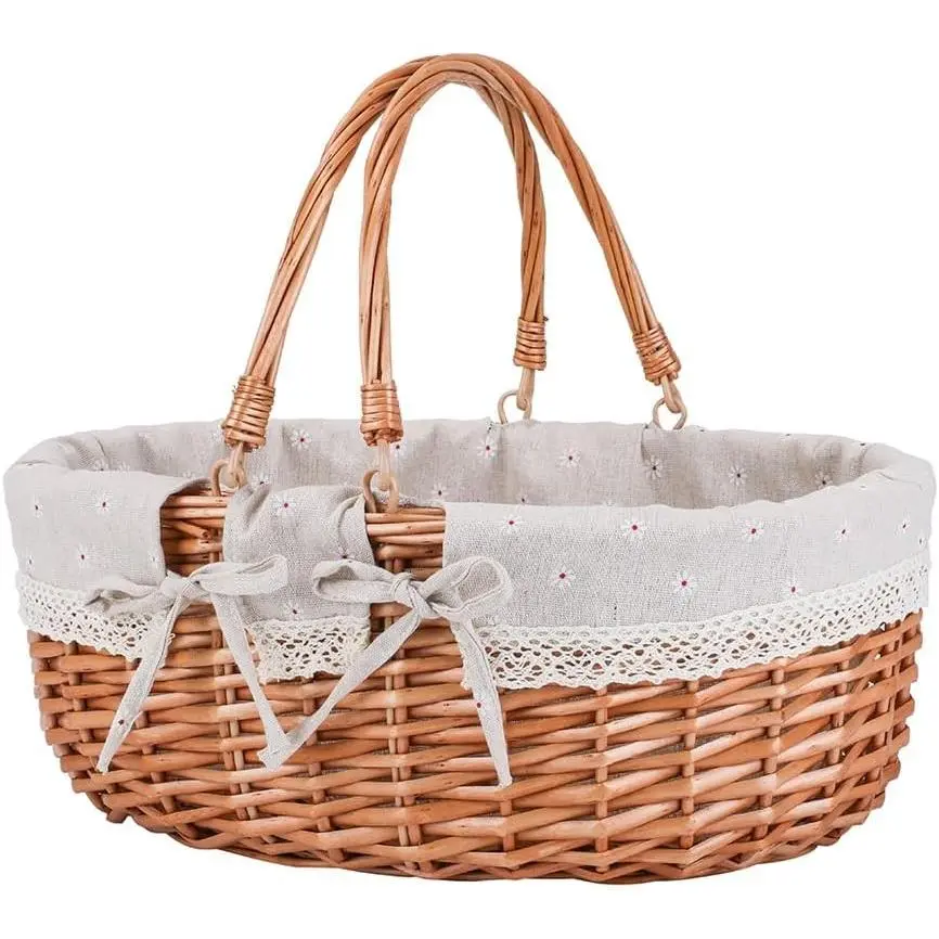 Large Sturdy Woven Wicker Picnic Basket with Handles, Removable Washable Lining for Outdoor Camping, Garden Picking, Storage and Gift Packing, White Flower