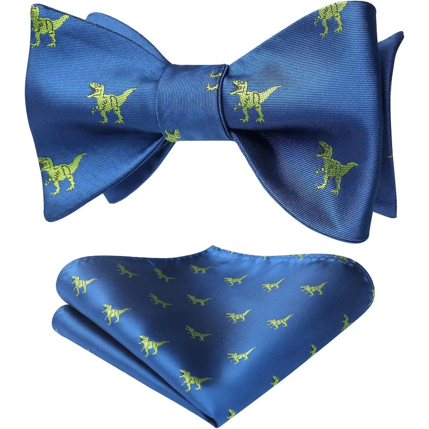 Men's self-tie blue bow tie pocket square animal woven silk dinosaur bow tie handkerchief set, suitable for weddings and parties