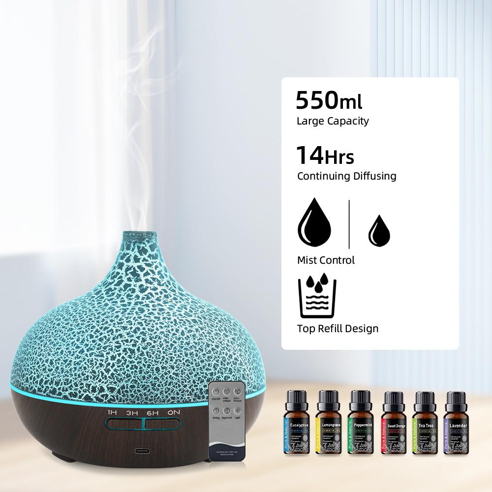 Stylish 550ml Aromatherapy Diffuser with Auto Shut Off Whisper Quiet Remote Control & Multiple LED Colors for Home Gifts Eco-friendly PP Material Colorful Flame Humidifier
