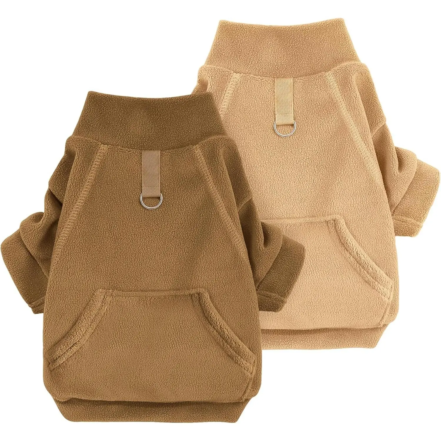 2-Pack Stretch Fleece Dog Sweaters, Winter Turtleneck Pet Clothes with Leash Ring, Pocket Access & Stretchy Fit for Small Dogs & Cats (Khaki+Brown, Small), Two-Pack