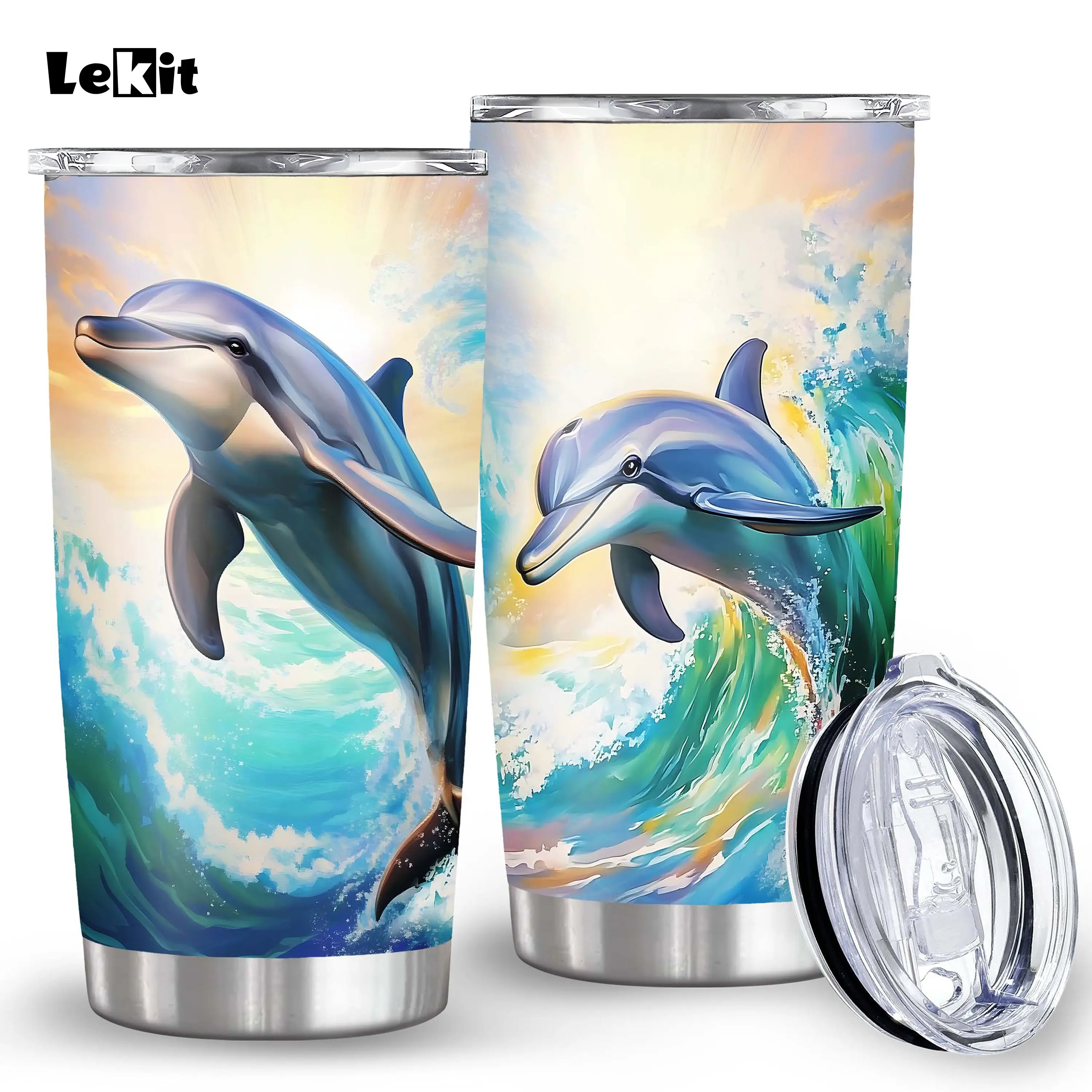 1Pc 20oz 600ml Ocean Jumping Dolphin Skinny Tumbler, Wave Oil Painting Print Double Wall Stainless Steel Travel Cup with Lid, Hot Cold Insulated, Gift for Dolphin Lovers, Birthday Valentine’s Day Present for Family Friends Colleagues Teachers