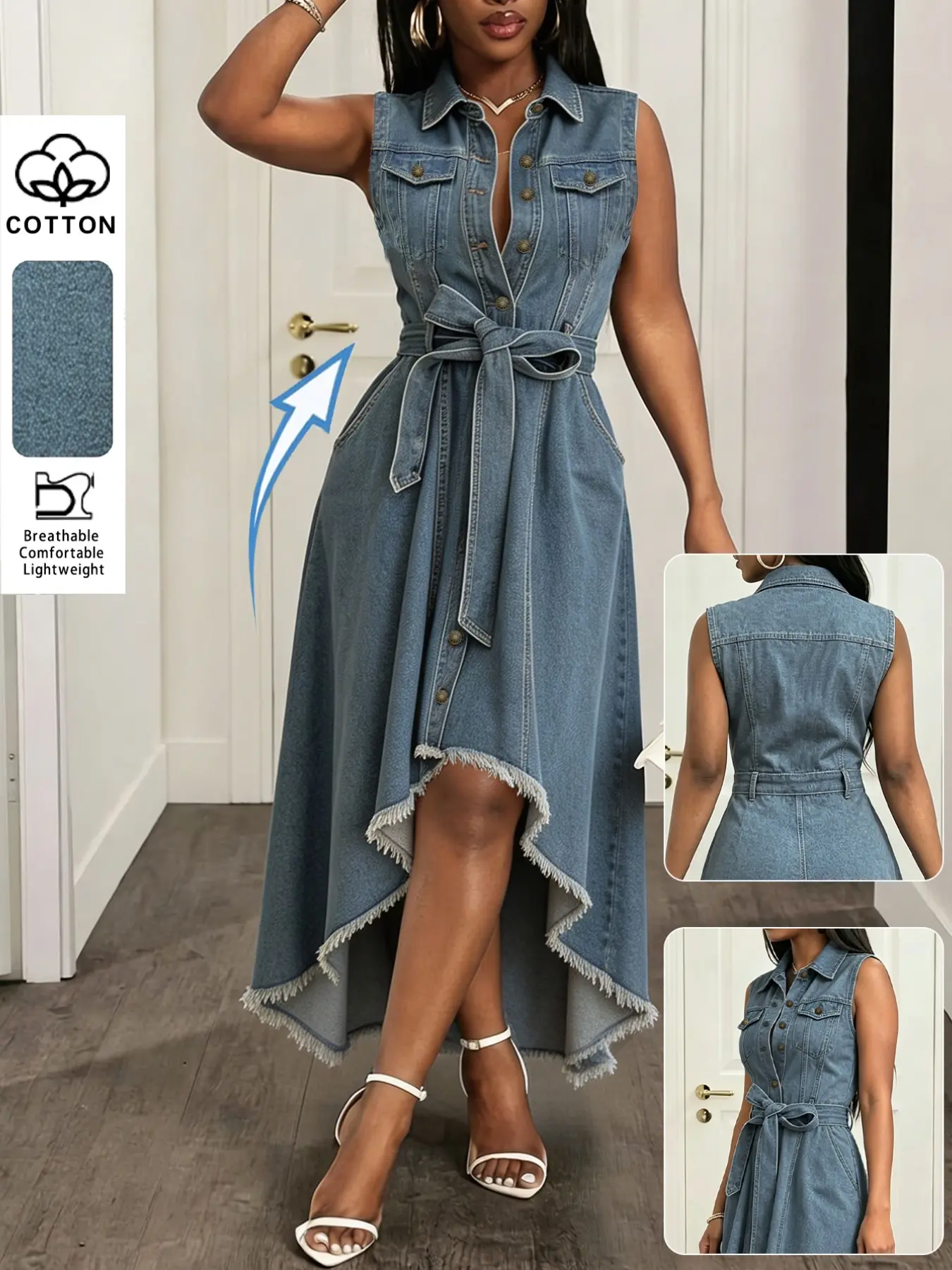 Vintage Workwear Casual Style Long Denim Dress, Sleeveless with Two Pockets, Collared Open Front, Button, Tie Waist, Asymmetrical Hem, Slim Fit