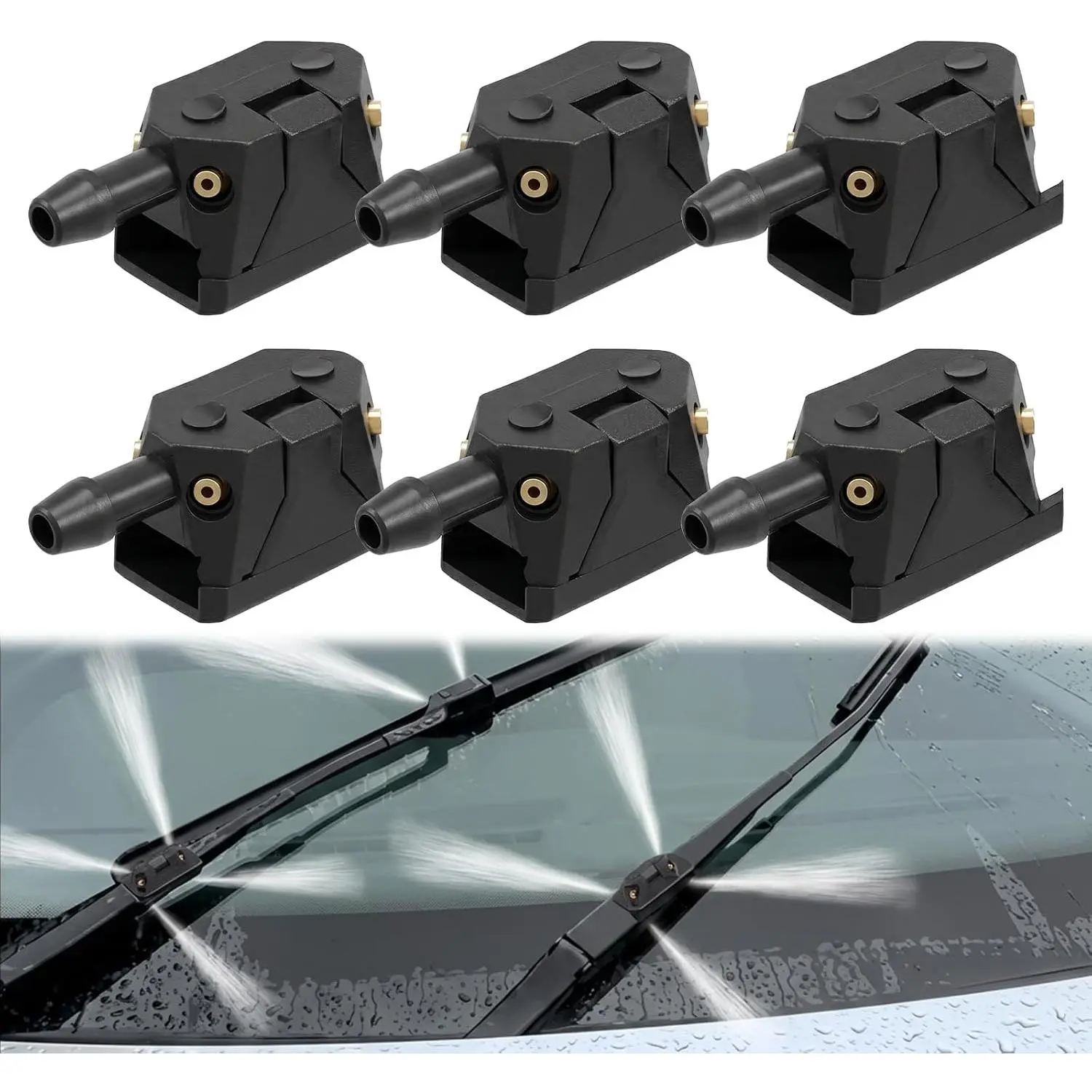 6 count 4 Holes Front Windshield Washer Nozzle   Windscreen Wiper Arm Sprayer Nozzles Kit Auto Left Right Windshield Washer Squirter Nozzle  for  , , Suvs (Black)