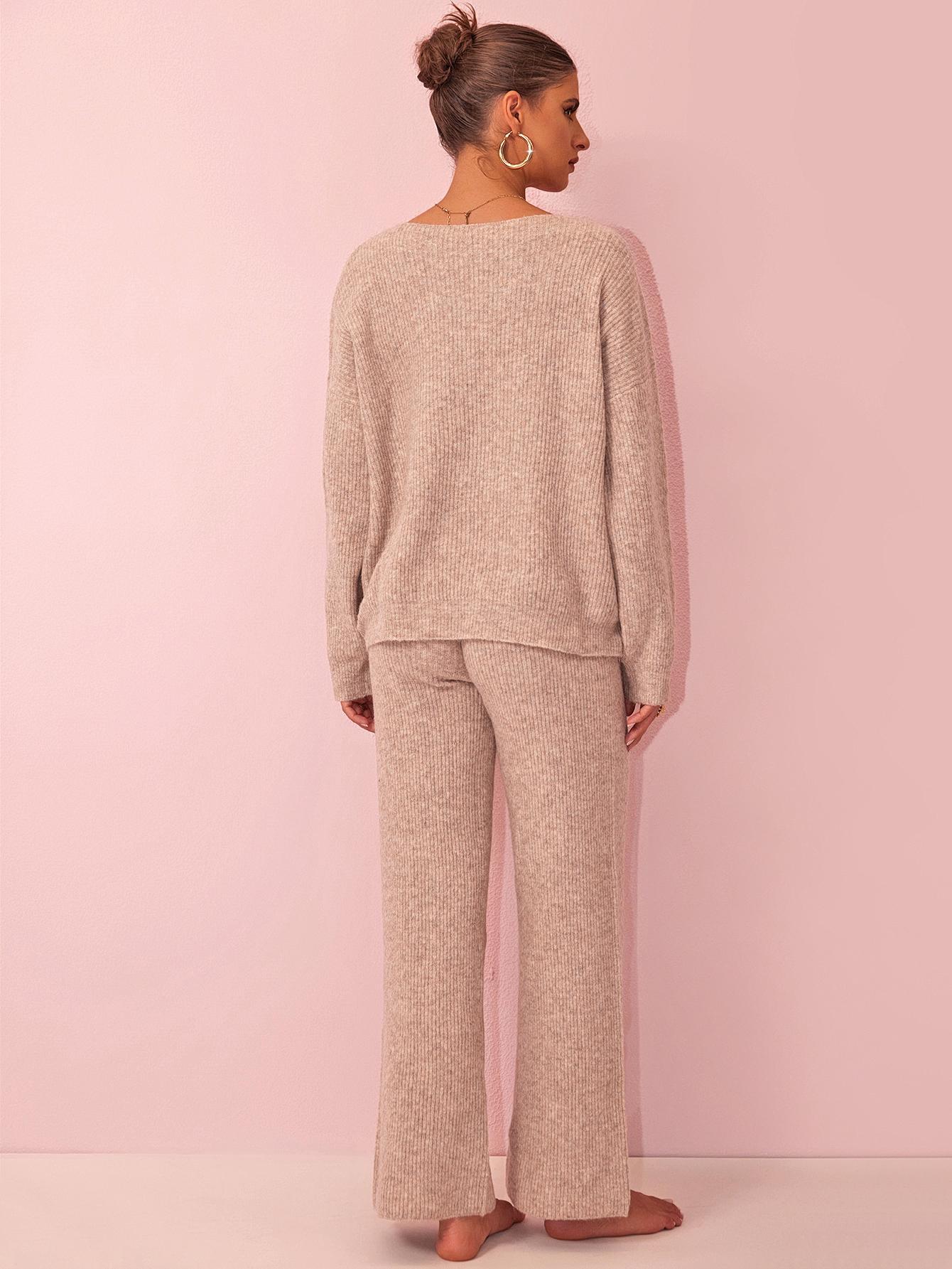 Joyfunear Women's V-Neck Knit Sweater & Wide-Leg Pants Lounge Set - Cozy, Chic, and Comfortable for Casual Wear - Soft Knit Fabric, Long Sleeves, High Waisted Pants