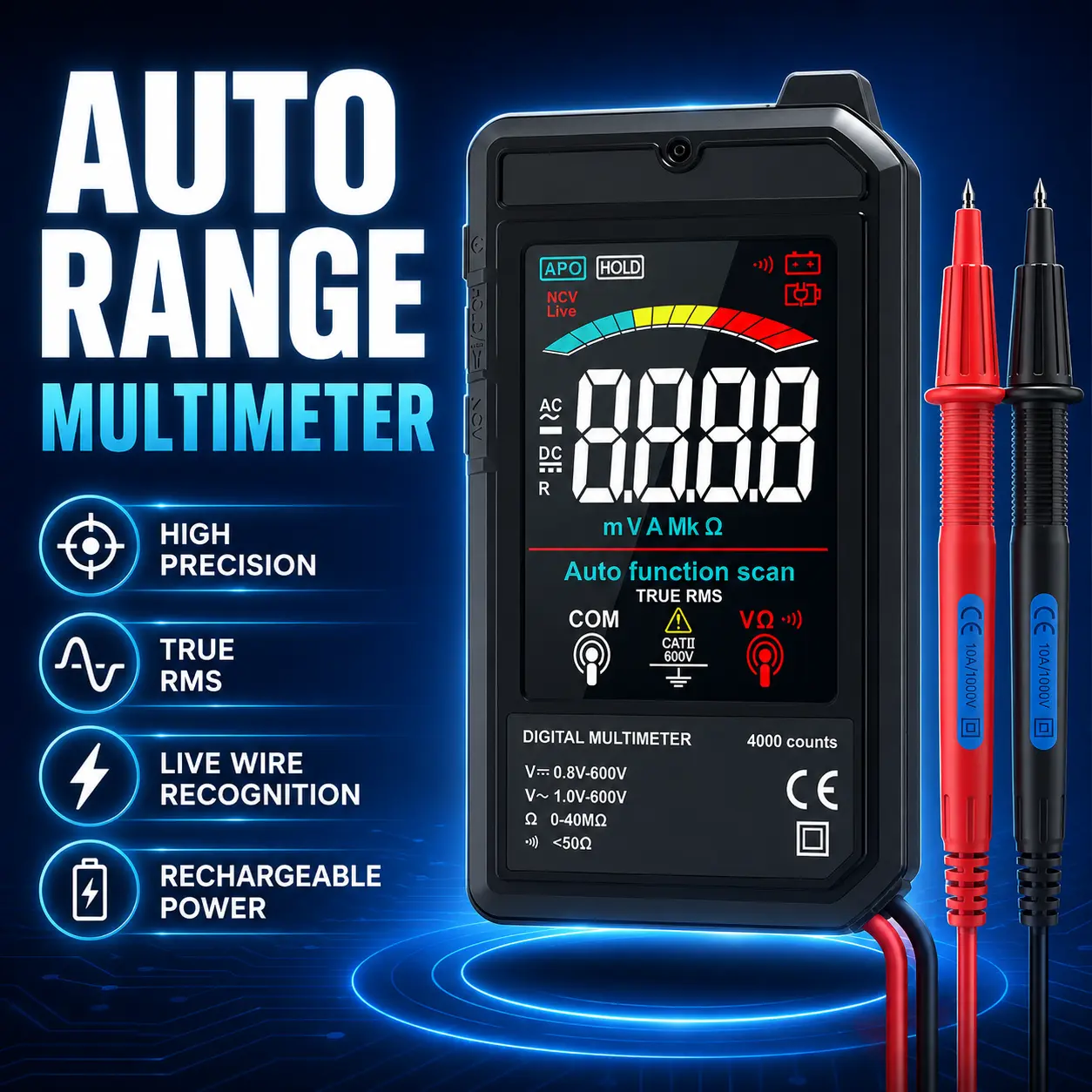 Smart Digital Multimeter with Auto-Ranging, High-Precision Voltage & Resistance Testing, Rechargeable Design and Live Wire Detection for Electrical Repair and DIY Use