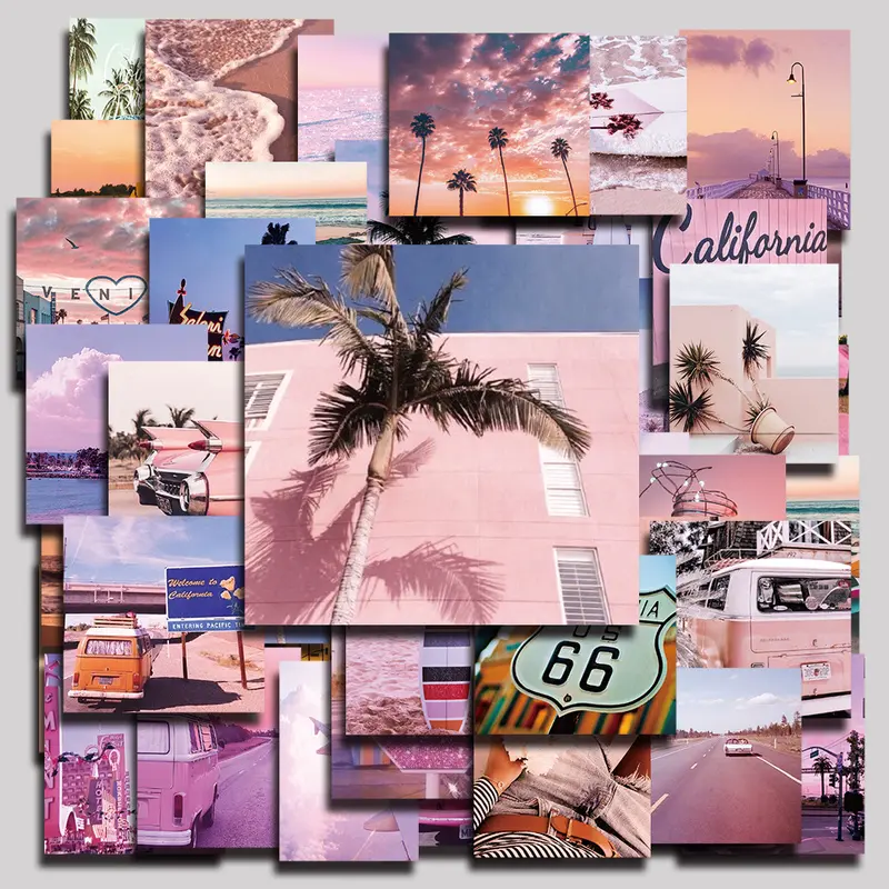62PCS California Sunshine Aesthetic Vinyl Illustration Stickers Pack for Laptop Water Bottle Phone Case Skateboard Journal Scrapbook DIY Decoration