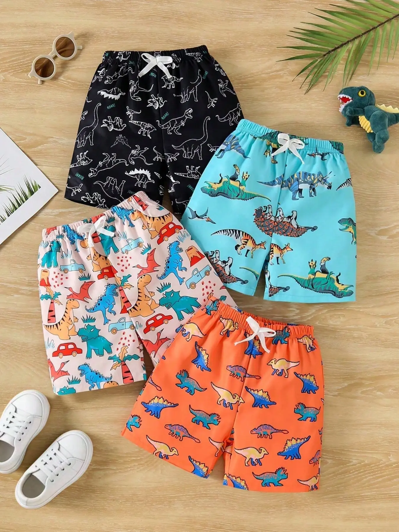 Boys' Summer 4-Piece Dinosaur Print Shorts Set, Perfect for Casual Wear, School Activities, Vacations, and Parties