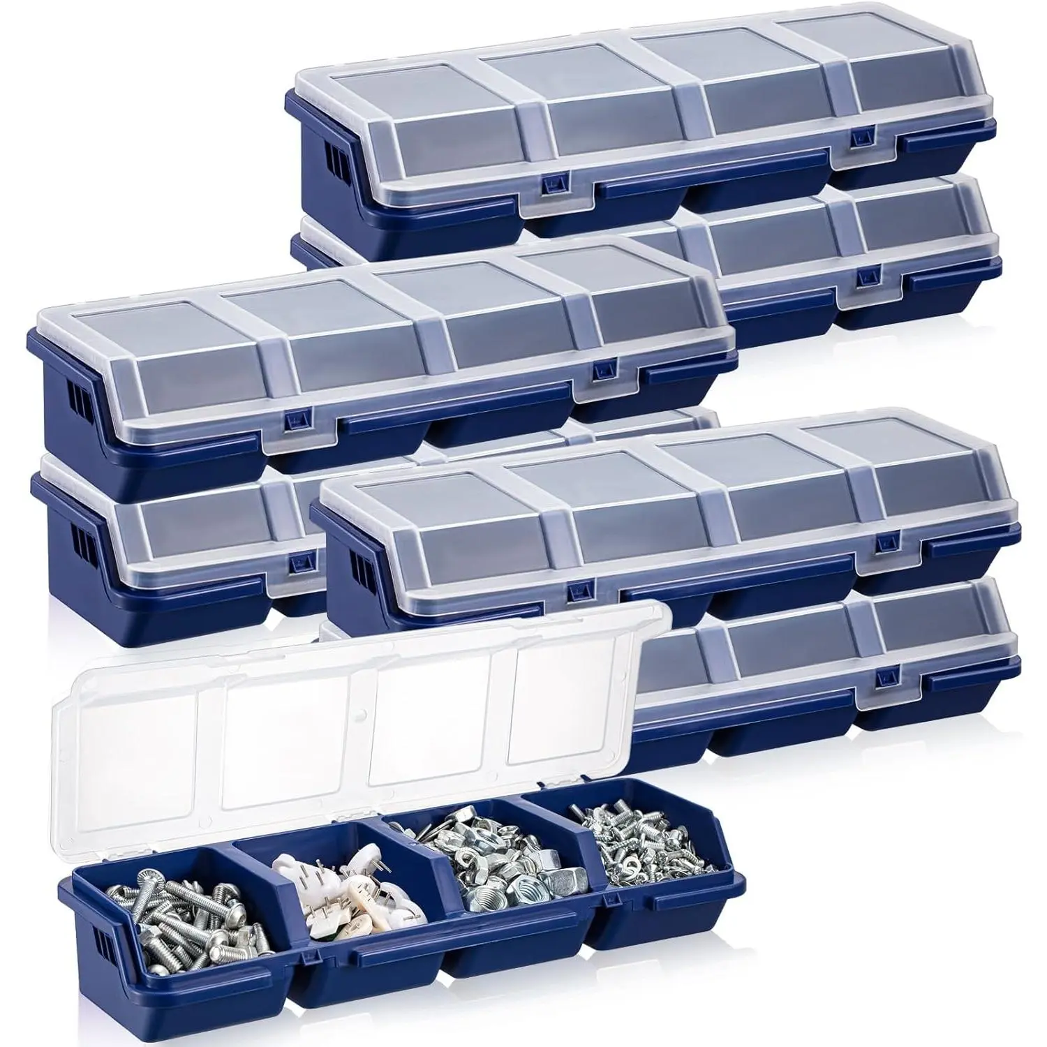 6 Pcs Stackable Plastic Screw Organizer Boxes with Translucent Lids & Snap Locks - 4 Compartments, 12.2x4.1x2.5 In, Angled Opening, Ingenious Design - Hardware Storage Bins for Workbench, Craft Corner (Blue)