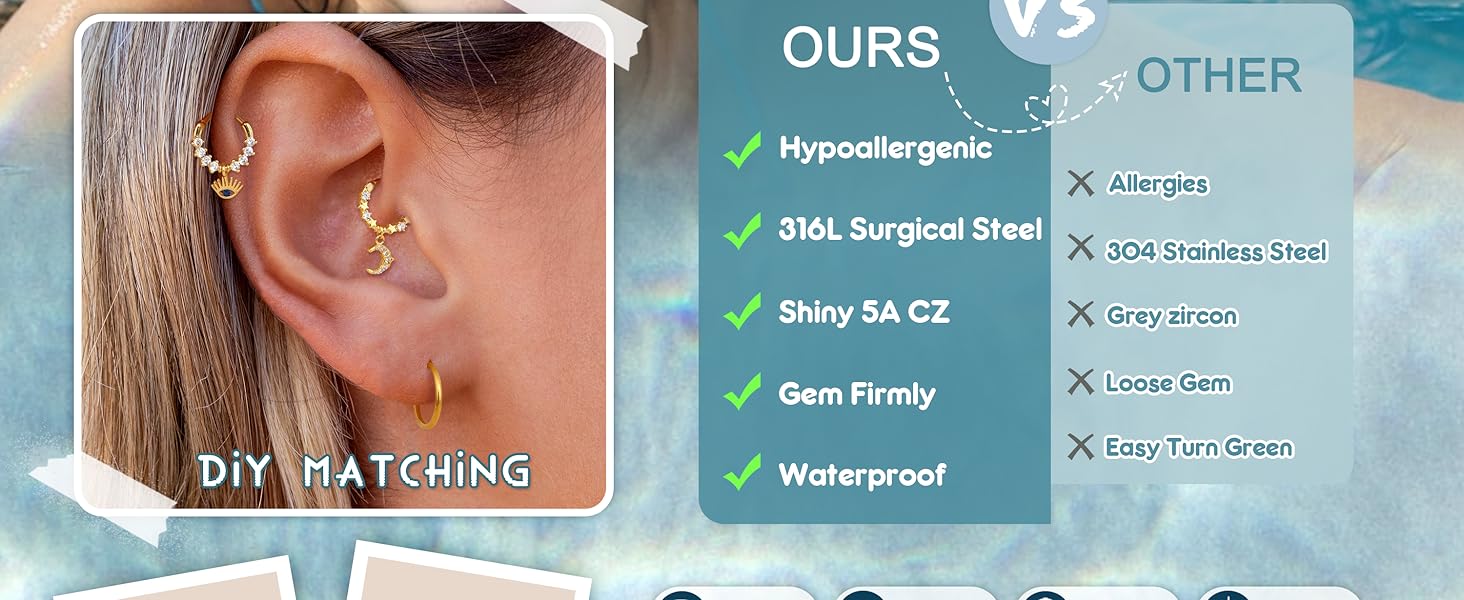 YADOCA 20PCS Septum Rings 16G for Women - Hypoallergenic Surgical Steel Daith Piercing Jewelry Cute Dangle Nose Ring Clicker for Helix, Tragus, Daith, Cartilage Earrings Hoop