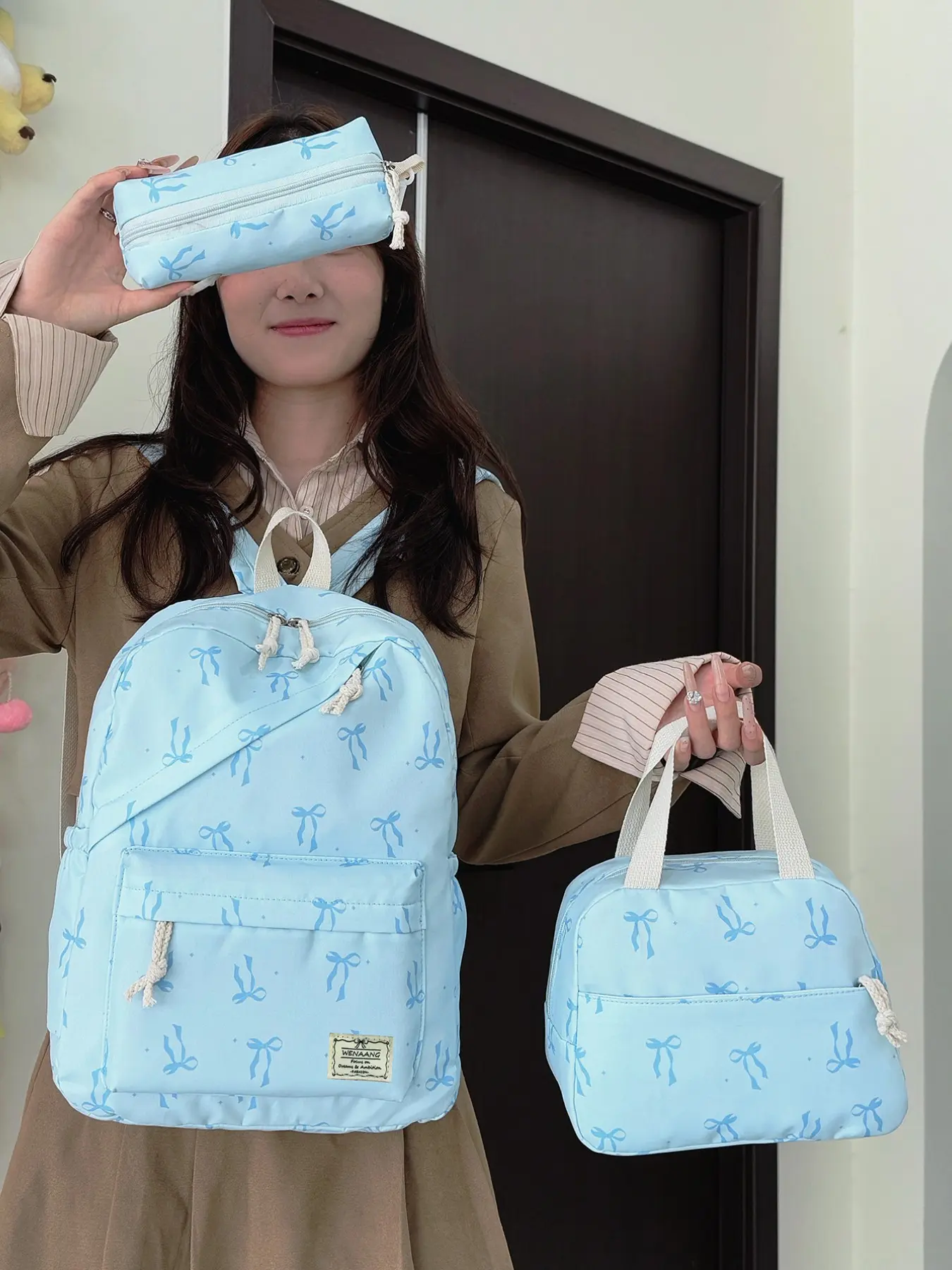 2026 Butterfly Knot Three-Piece Backpack Set, Girls' Shoulder Bag Set, Student School Bag Lunch Box Pencil Case Set, All Seasons Casual Style