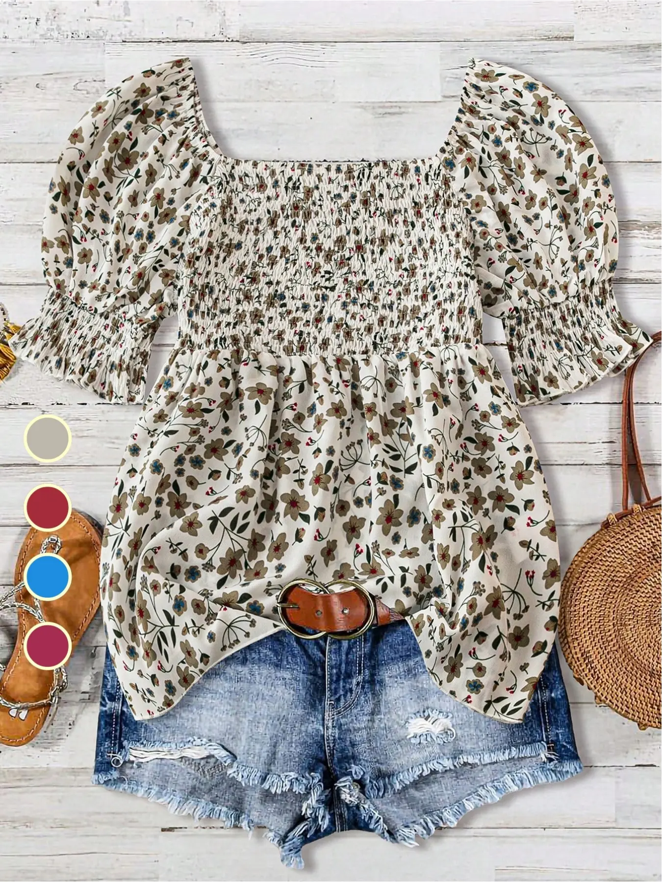 Summer Bohemian Boho Floral Women Blouse Shirts, Elastic Stretchy Smocked Bust Square Neck Puff Sleeve Casual Tops, Loose Fit Suitable for Vacation, Beach & Daily Wear