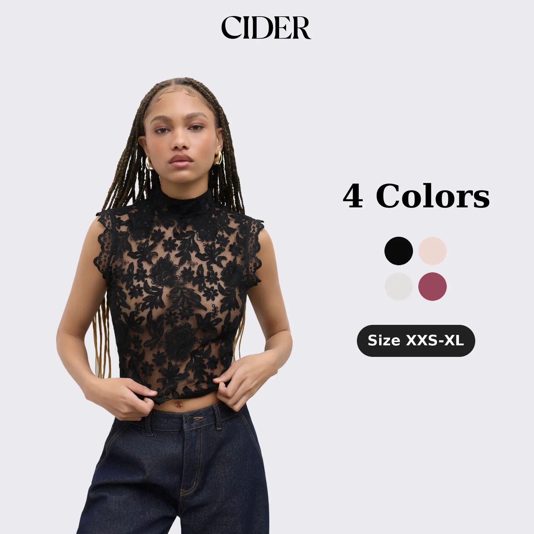 Cider Lace Crop Top with Mandarin Collar – Sheer Floral See -Through Tank, Layering-Friendly for Date Nights & Spring Outfits