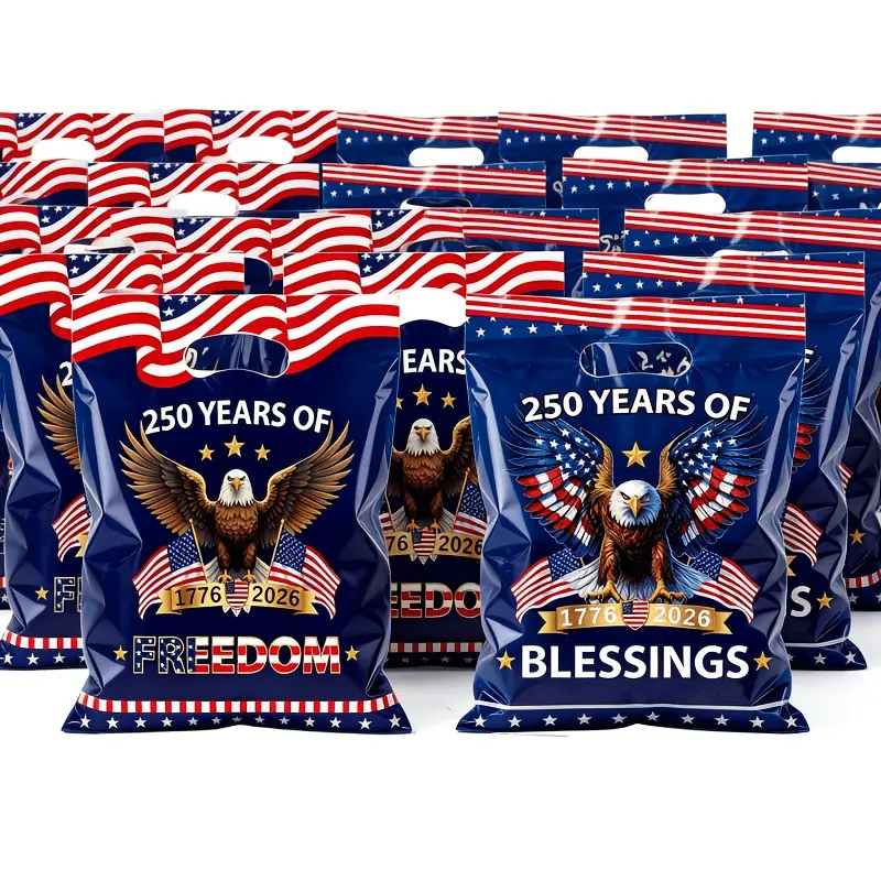 50/100pcs 250Th Anniversary Commemorative Gift Bags, Plastic Gift Bags with Bald Eagle Design And Handles, Independence Day Patriotic Themed Party Gift Bags