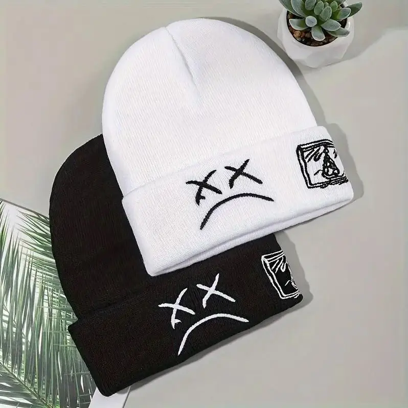 Unisex Sad Face Embroidered Cuffed Knit Beanie - Warm Winter Hip Hop Street Style Skull Cap, 1 Size Male Headwear, Gifts for Him, Cool Gifts for Guys, Sports & Outdoor Accessory, Men's Accessories, Hat