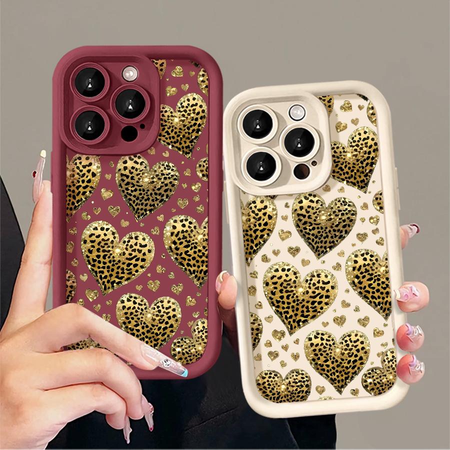 Phone Case - 1pc Leopard Print Golden Heart Phone Case Suitable for Apple iPhone 17 E Air Pro ProMax iPhone16 15 14 Plus 13 12 Mini 11 X XS XR Antidrop Shock Proof All Inclusive Lens Protection Light Luxury Style