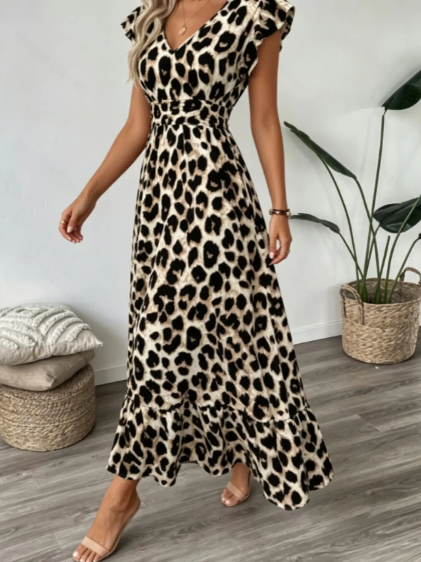 Leopard Print V Neck Waist-Cropped Dress, Summer Short Sleeve Slimming Midi A-Line Dress, French Style Ruffle Skirt