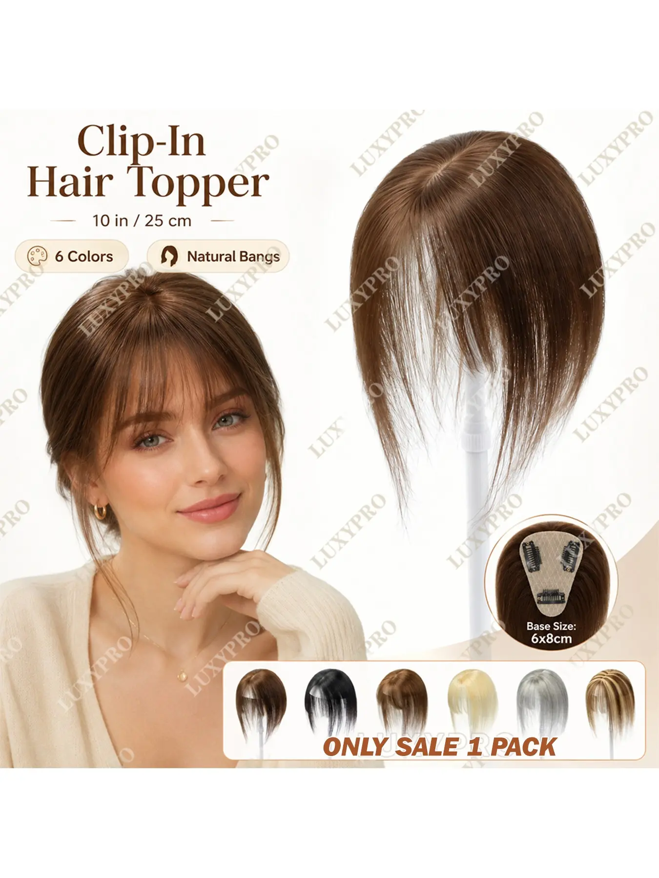 10 Inch Clip In Hair Topper with Natural Bangs for Women, 3-Clip Crown Topper for Thinning Hair, Lightweight Volumizing Hairpiece, 6 Colors