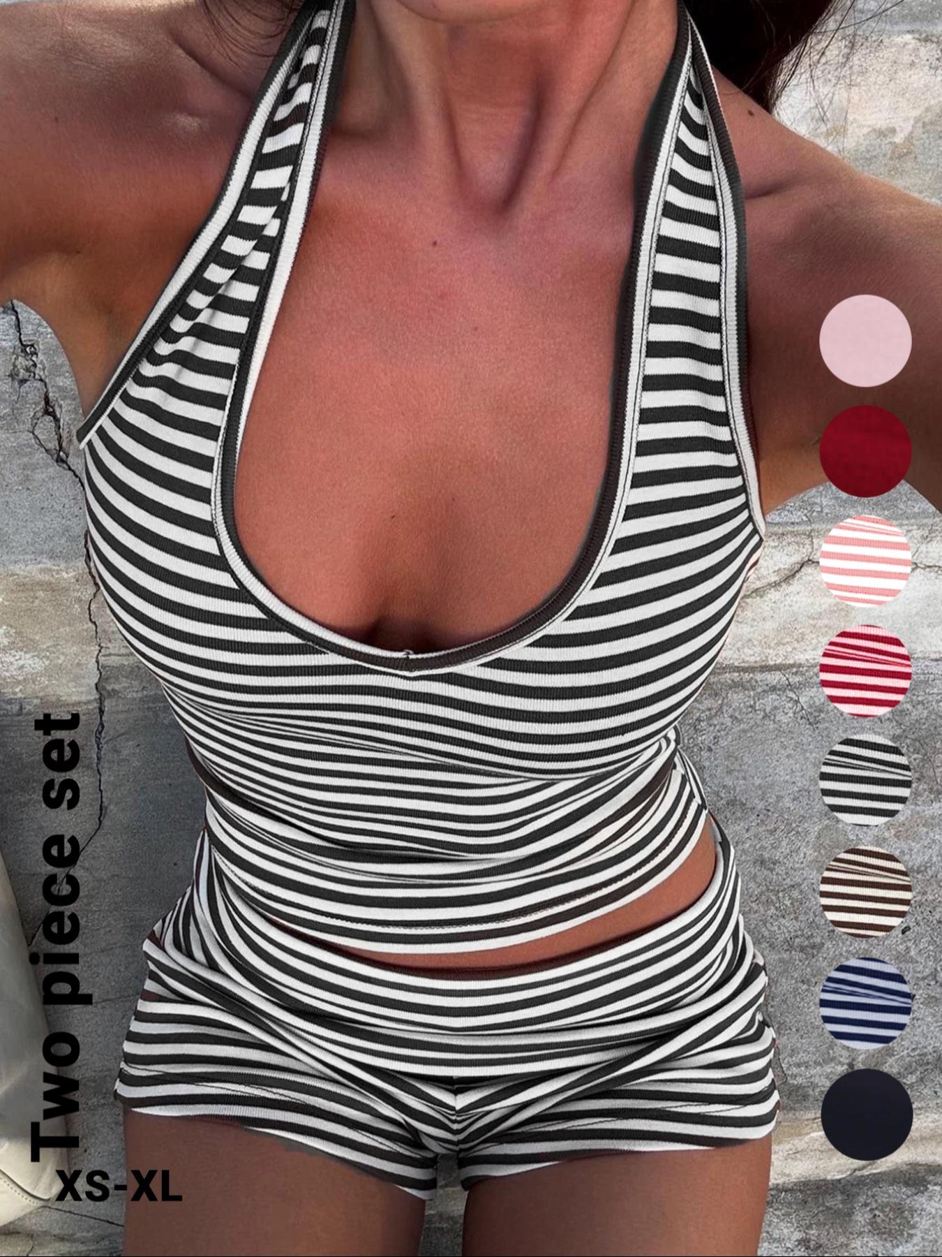 Women's Casual Striped Halter Neck Crop Top & Shorts Set, Summer Fitted Two-Piece, Regular Length, Moderate Fabric Thickness, Womenswear Women's Casual Striped Halter Neck Crop Top & Shorts Set, Summer Fitted Two-Piece, Regular Length, Moderate Fabric Thickness, Womenswear