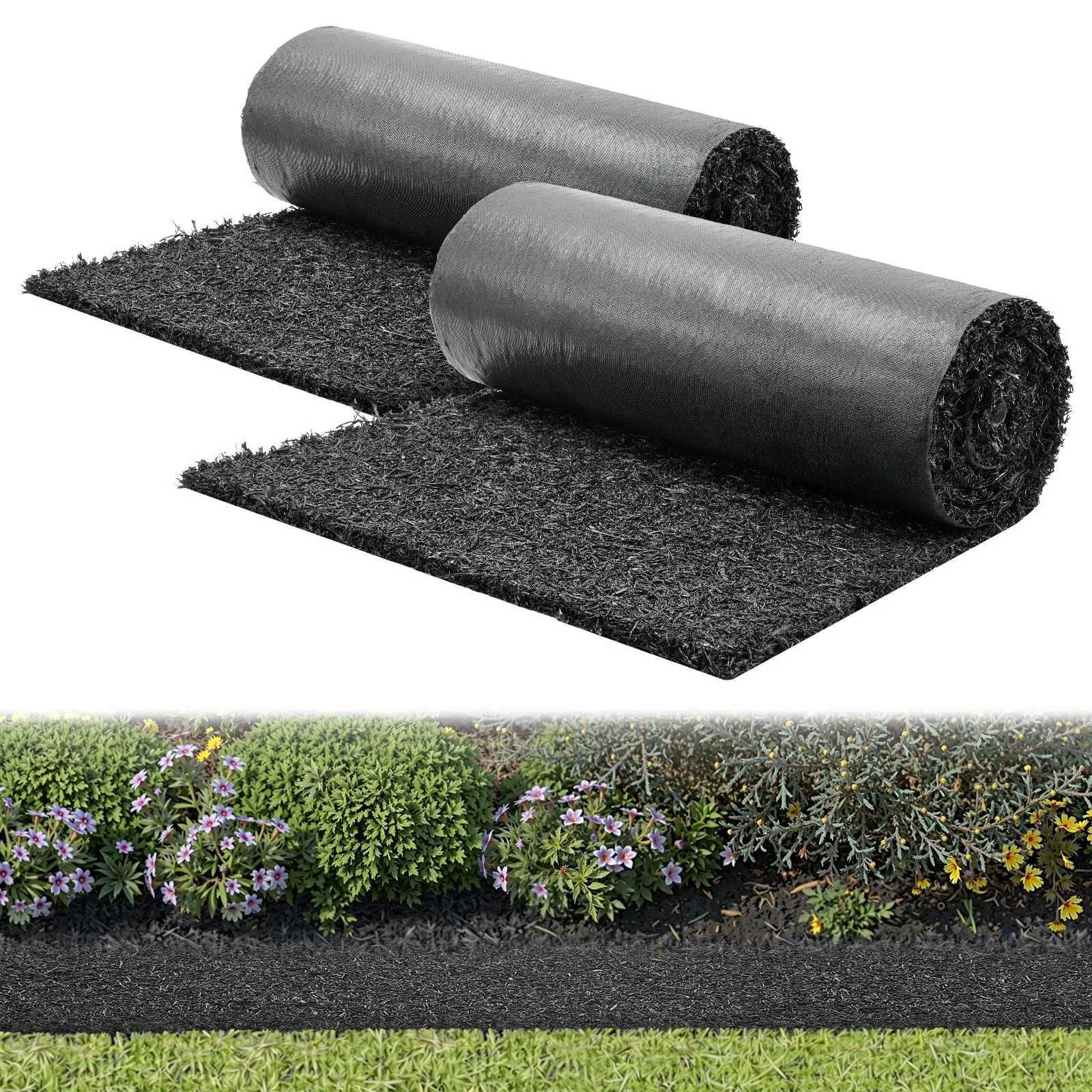 Rubber Mulch Mat Roll For Landscaping, 2 Rolls, 96 X 24 Inches Each, 0.5 Inch Thick, Cuttable Durable Recycled Rubber Mat, Reduces Weed Growth, Natural-Looking Weed Barrier, Permanent Walkway Pathway Mat For Gardens