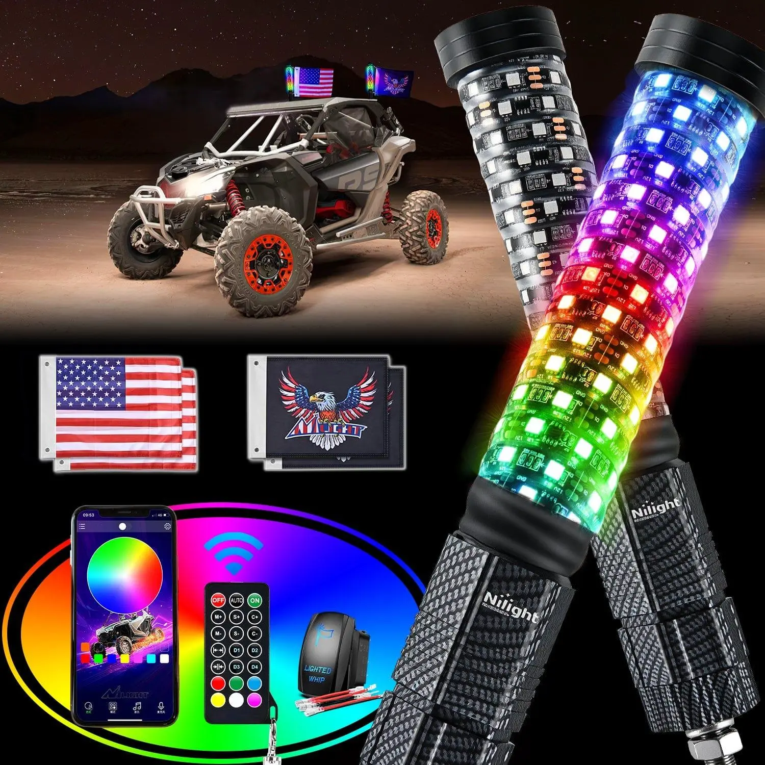 Nilight 1Pc 2FT Spiral Antenna LED Fat Whip Light - Bluetooth Remote & App Control, Flickering, High-Brightness, RGB, Illuminated, Multichrome, Chase, Pulse, Color Changing, Stack, Scan Novelty Lighting for Home Improvement