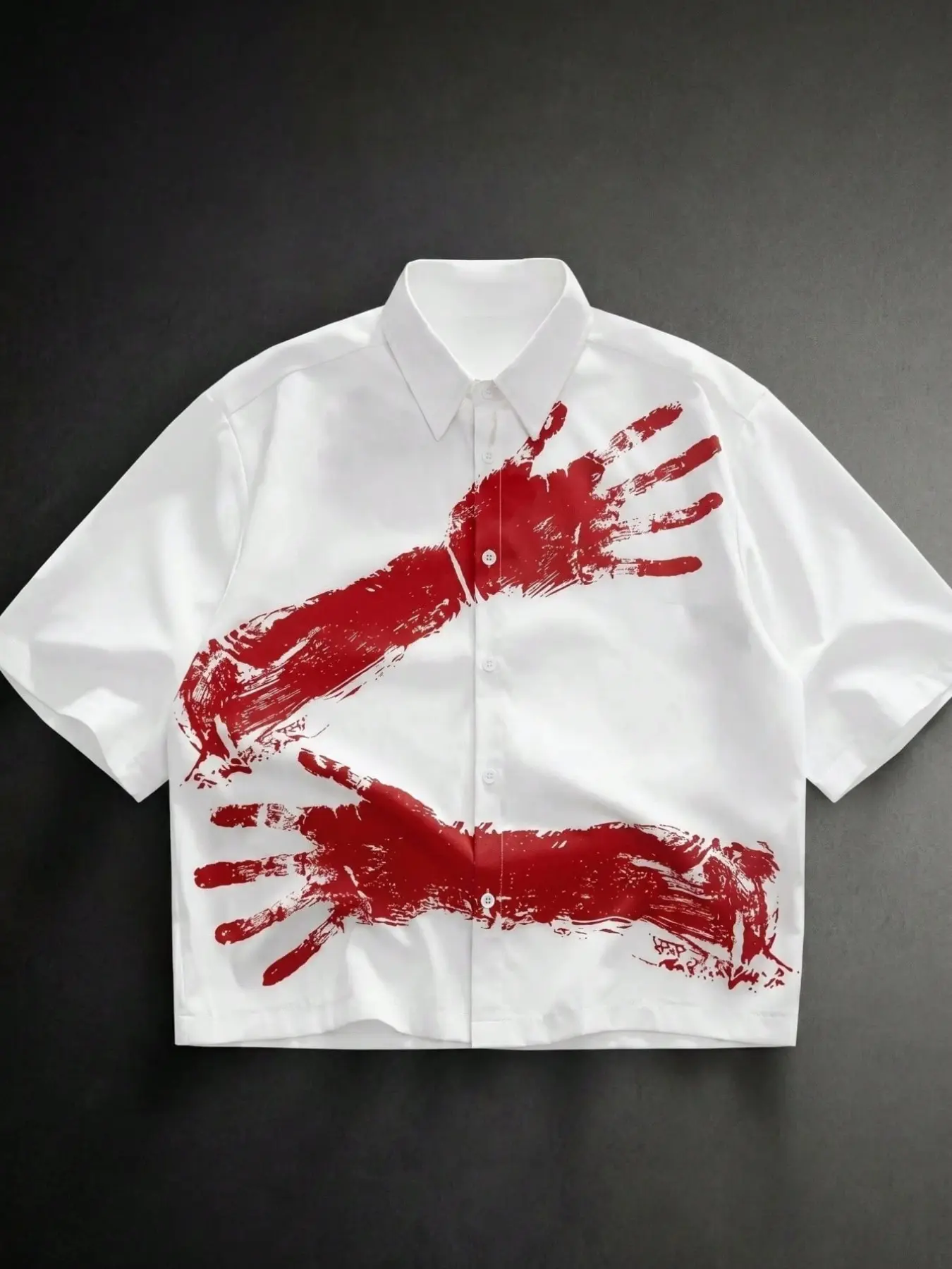 Unisex White Cropped Short Sleeve Button Up Shirt | Rainbow Gradient Hand Palm Print LGBT Pride Top | Lightweight Y2K Summer Streetwear Casual Shirt for Men & Women