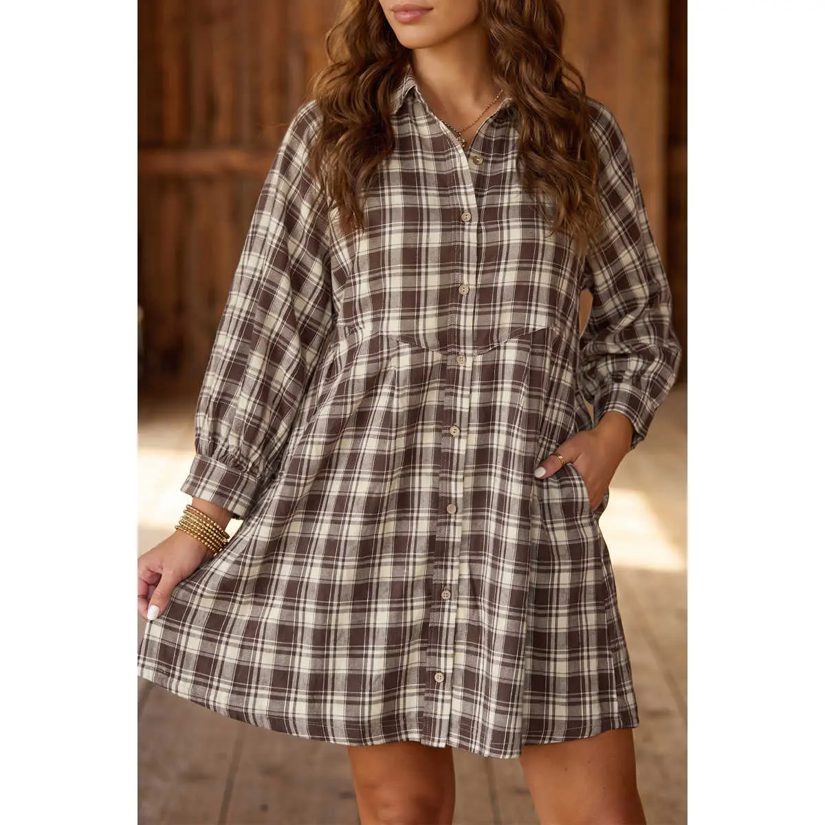 Brown Plaid Long Sleeve Short Shift Mini Dress