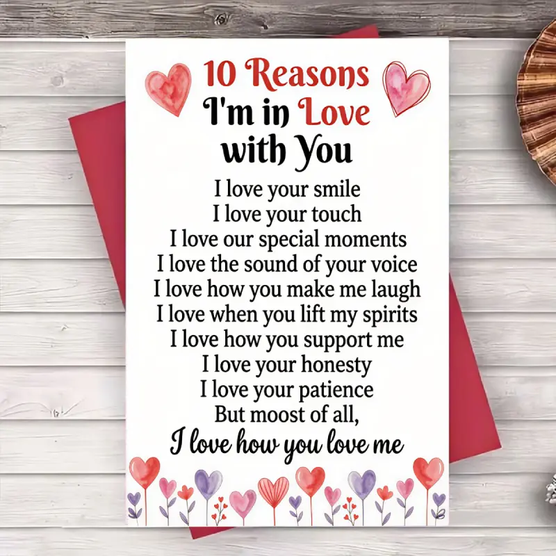 1 romantic love greeting card, a gift for wife, husband, girlfriend, or boyfriend on Valentine's Day, wedding anniversary, or other special occasions. Ten reasons why I love you, watercolor heart design, blank pages inside