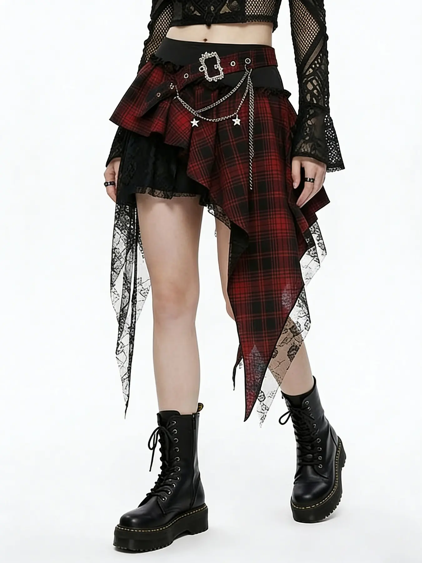 Dark Gothic Lace Patchwork Asymmetrical Plaid Houndstooth Skirt, Versatile Comfortable Dress, Halloween, Y2K Style, Drop Waist, Loose Fit, Clothes