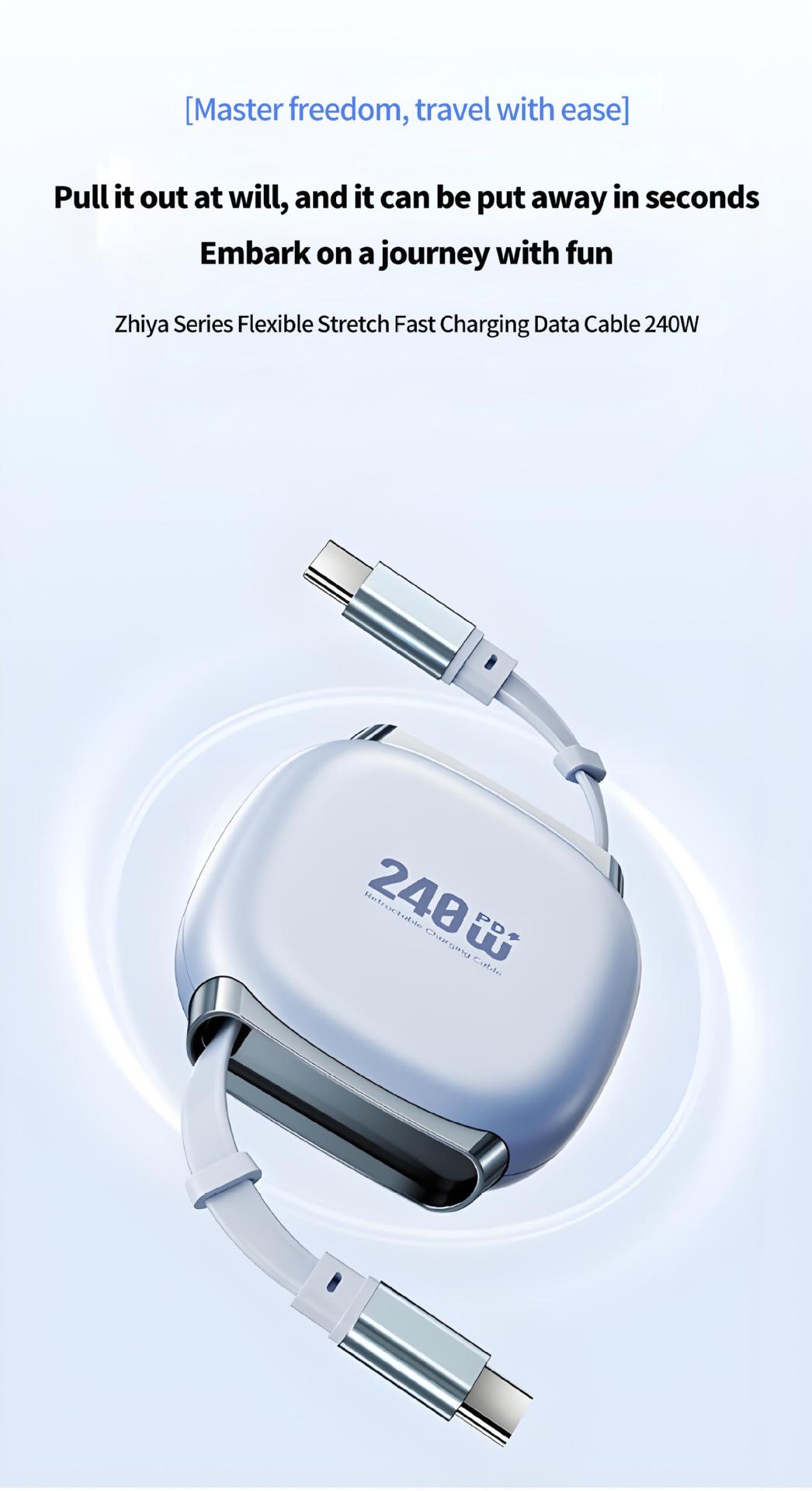 240w Retractable Fast Charging Cable USB C to C, Auto Coiling for Travel, Compatible with iPhone, Samsung, Huawei, Phone Tablet Laptop