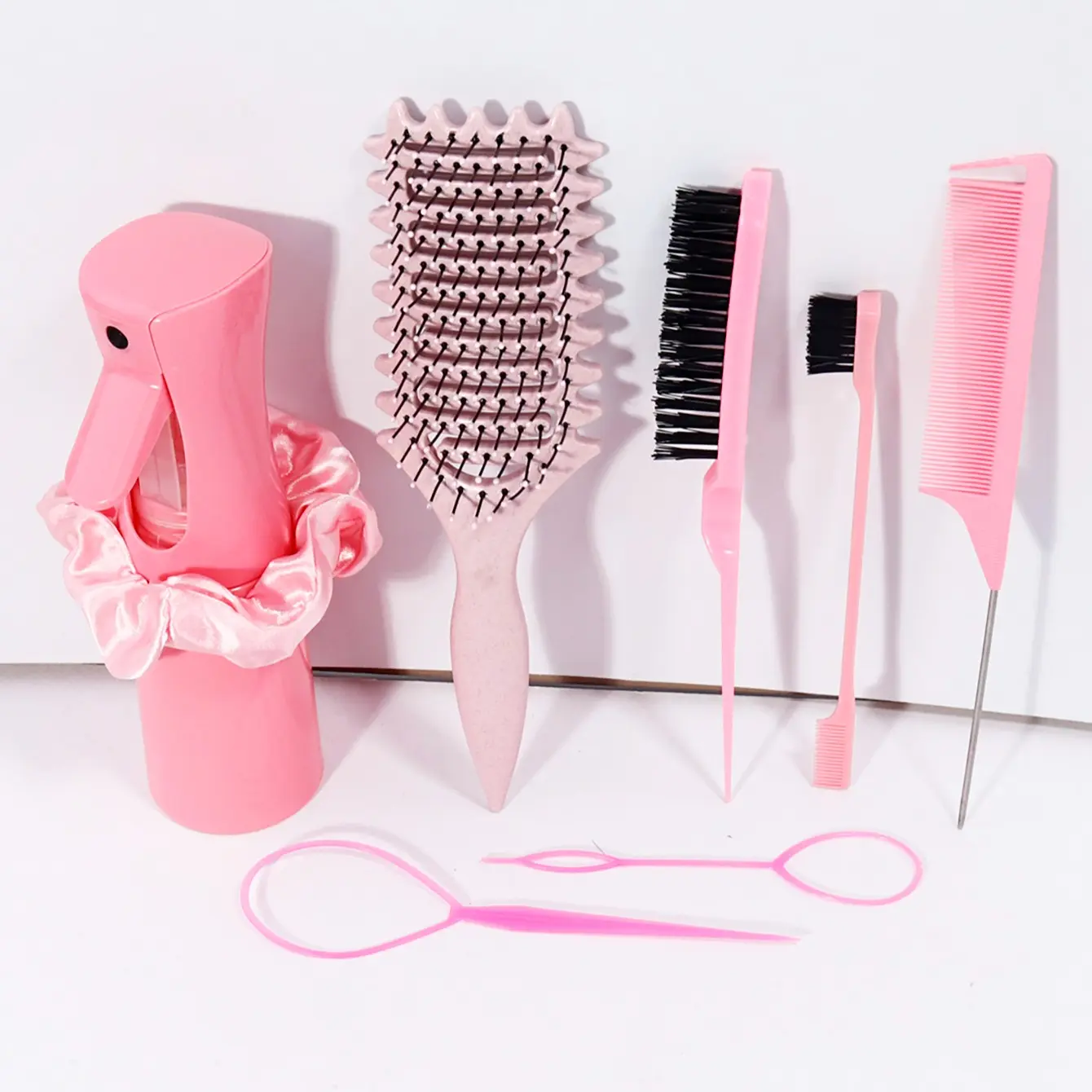 8-Piece Hair Styling Comb Set, Continuous Spray Bottle, Braiding Ring, Curl Brush, Satin Hair Tie, Pointed Tail Comb, Teasing Brush, Edge Control Brush, Brush for Curly Hair
