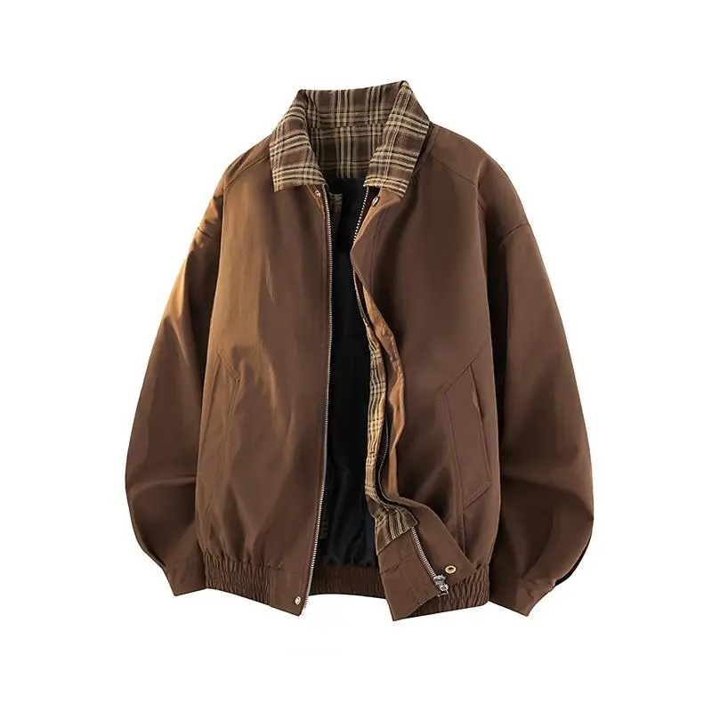 Men's Loose-Fit Spring & Autumn Vintage Plaid Print Polyester Fake 2-Piece Brown Jacket - Workwear Lapel Coat, Spliced Flight Baseball Uniform, Suitable for Daily & Outdoor Wear