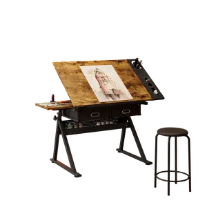 MOMONITOR Adjustable Drawing Table with Stool, 2 Drawer Drafting Desk for Artists, Tiltable Tabletop for Home Office, School & Studio, Wooden Architect Desk