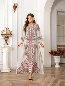 Peacock Pattern Heavy Embroidery Round Neck Long Sleeves Long Robe, Eid Light Luxury Party Abaya, Elegant Loose-Fit Evening Dress for All Seasons