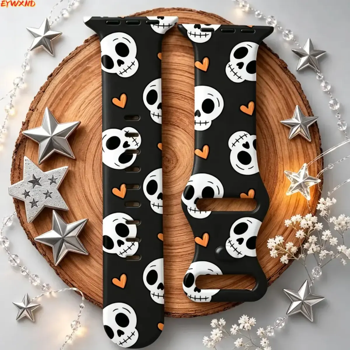 EYWXND Gothic Halloween Skull Hearts Print Silicone Smart Watch Replacement Strap, 42/44/45/46/49mm Fit, Adjustable Holes, Black-Orange, Waterproof, Soft Comfortable, for Teens, Sporty Daily Use, Multi-Size Bag Accessory