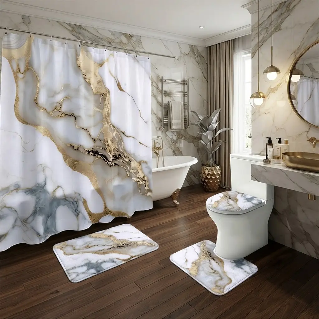 4pcs Luxury Marble Shower Curtain Set, Elegant Veined Marble Bath Curtain, The floor mat fabric is thicker and softer! Modern Glam Bathroom Decor, Shower Curtain Set For Bathroom, Bathroom Shower Curtain Sets