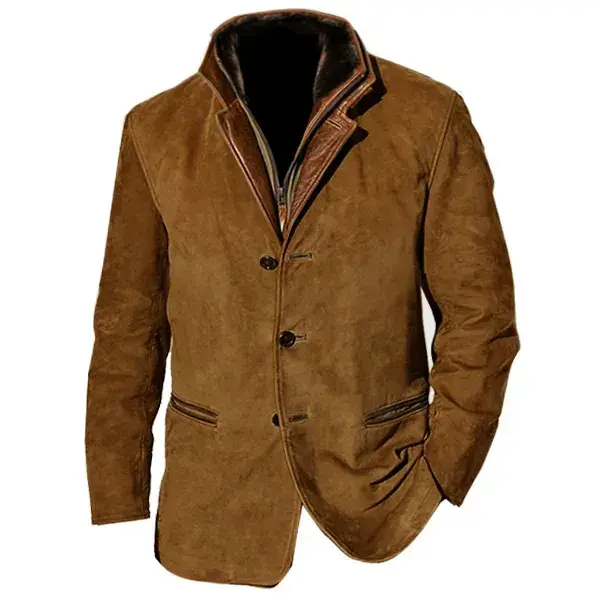 Men's Vintage Faux Suede Blazer Jacket, Fleece Lined Layered Collar Button Down Casual Sport Coat Outerwear