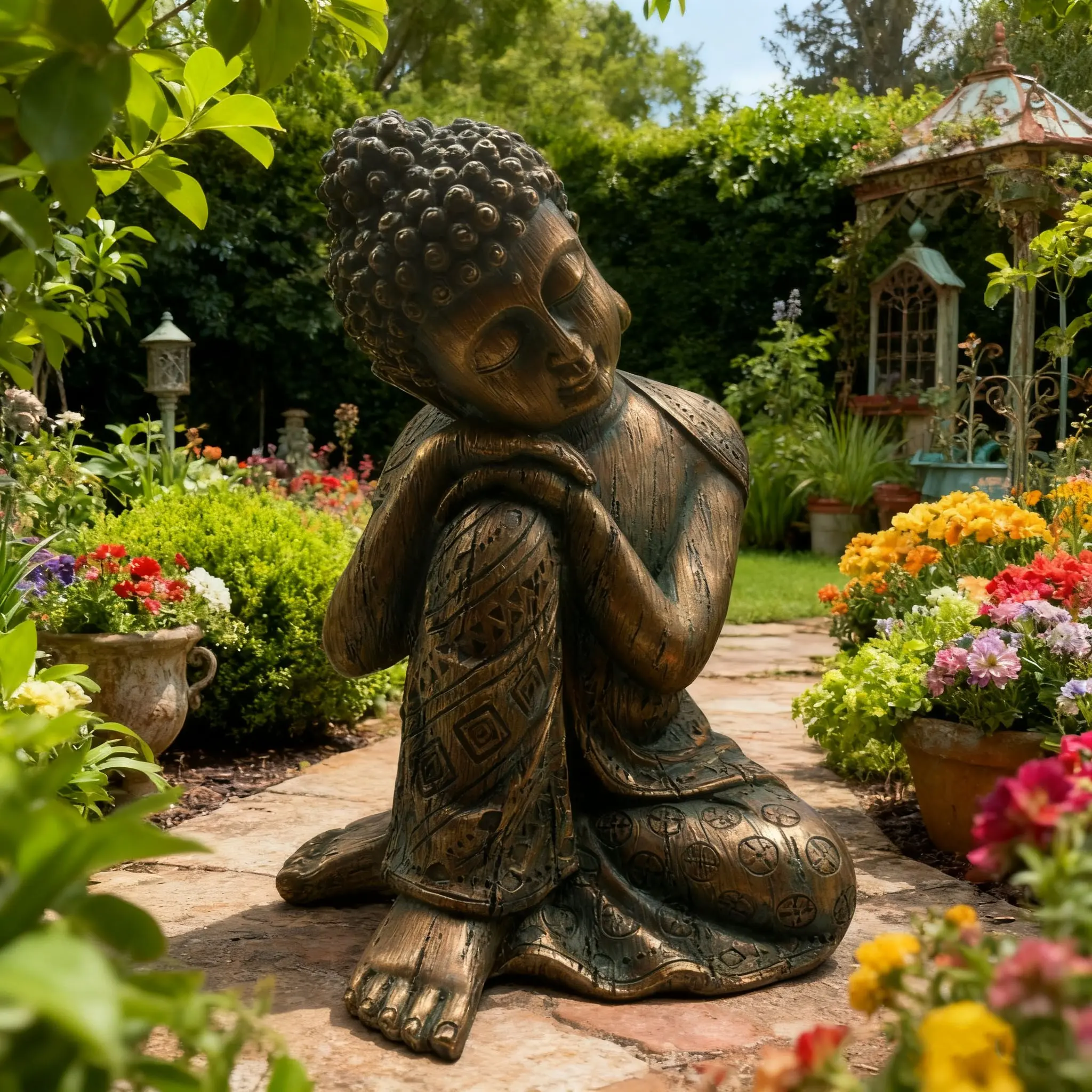 Bronze Sitting Buddha Statue, Resin Durable Garden Ornament for Gardens, Courtyards, Tea Rooms, Outdoor Spaces, Decorative Sculpture, Garden Sculptures and Decor