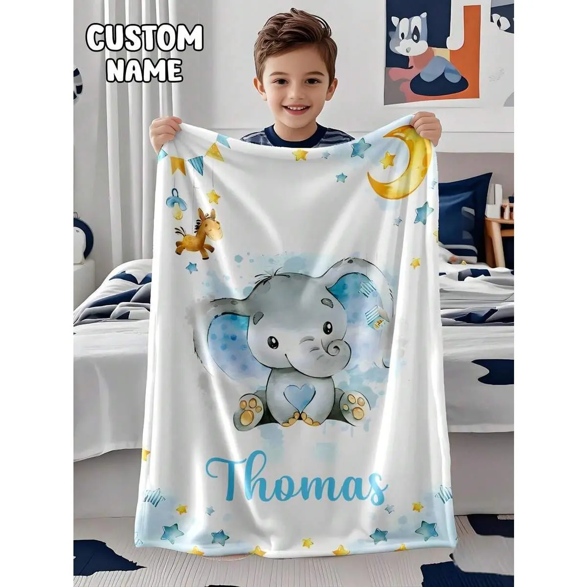 Custom Name Watercolor Elephant Flannel Throw Blanket - Wrinkle Resistant Home Decor Blanket for Newborn Baby Boy, Infant Bedroom/Sofa Soft Cozy Warm Personalized Animal Decor Gift with Customizable Text, Newborn Baby Stuff