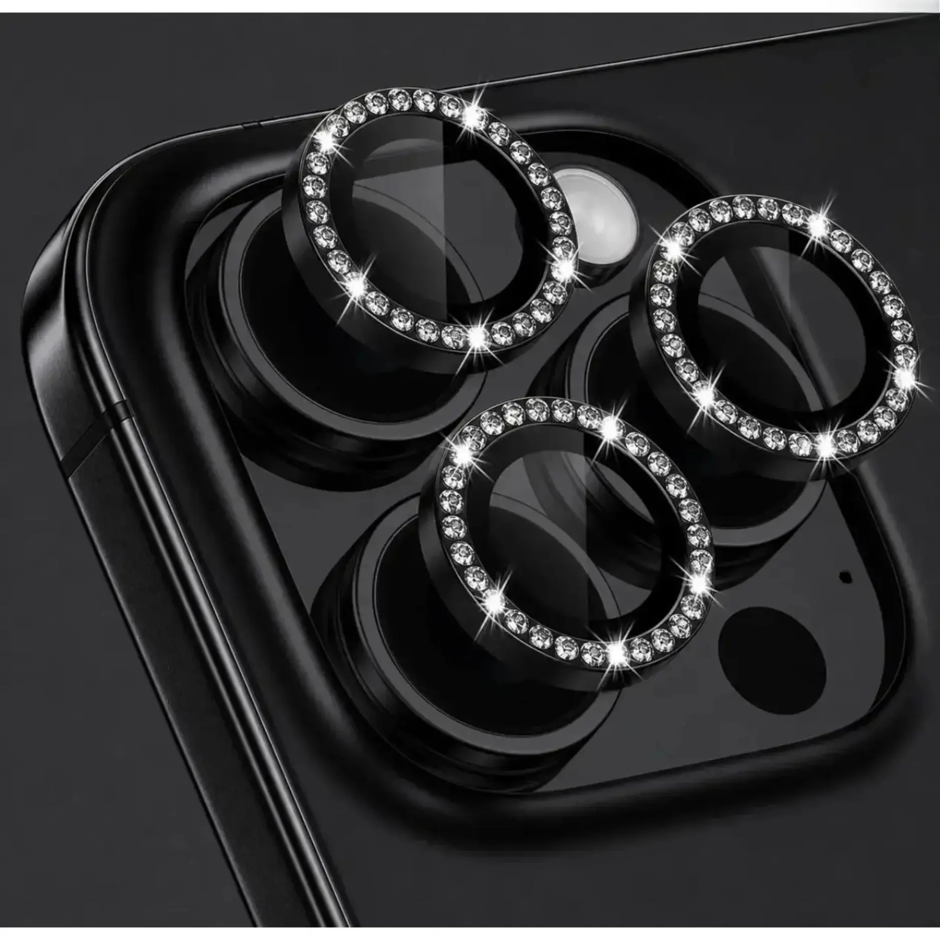 Aluminum Diamond Inlaid Tempered Glass Camera Lens Protector For iPhone 11/12/13/14/15/16 Pro/Pro Max/17 Pro Max/17 Air, HD Scratch Wear Resistant Bling Lens Cover, No Interference With Night Photography
