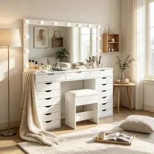 55"W 15 Drawers Vanity Desk with Power Outlet Makeup Table with Mirror and LED Lights [Shipping By 2 Packages], 3 Color Lighting Modes, Vanity Table with Chair for Bedroom