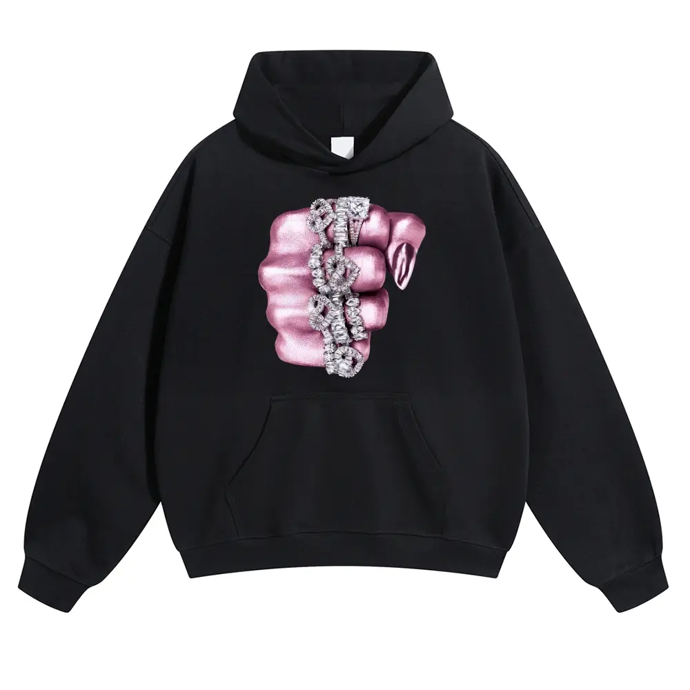 Unisex Pink metallic manicure fist covered with rhinestones with LOVE Graphic hoodie Personalized Pattern Y2k Clothing Round Neck hoodie,Women's Clothing, Menswear, Top, Vintage Style,Summer Casual Oversized