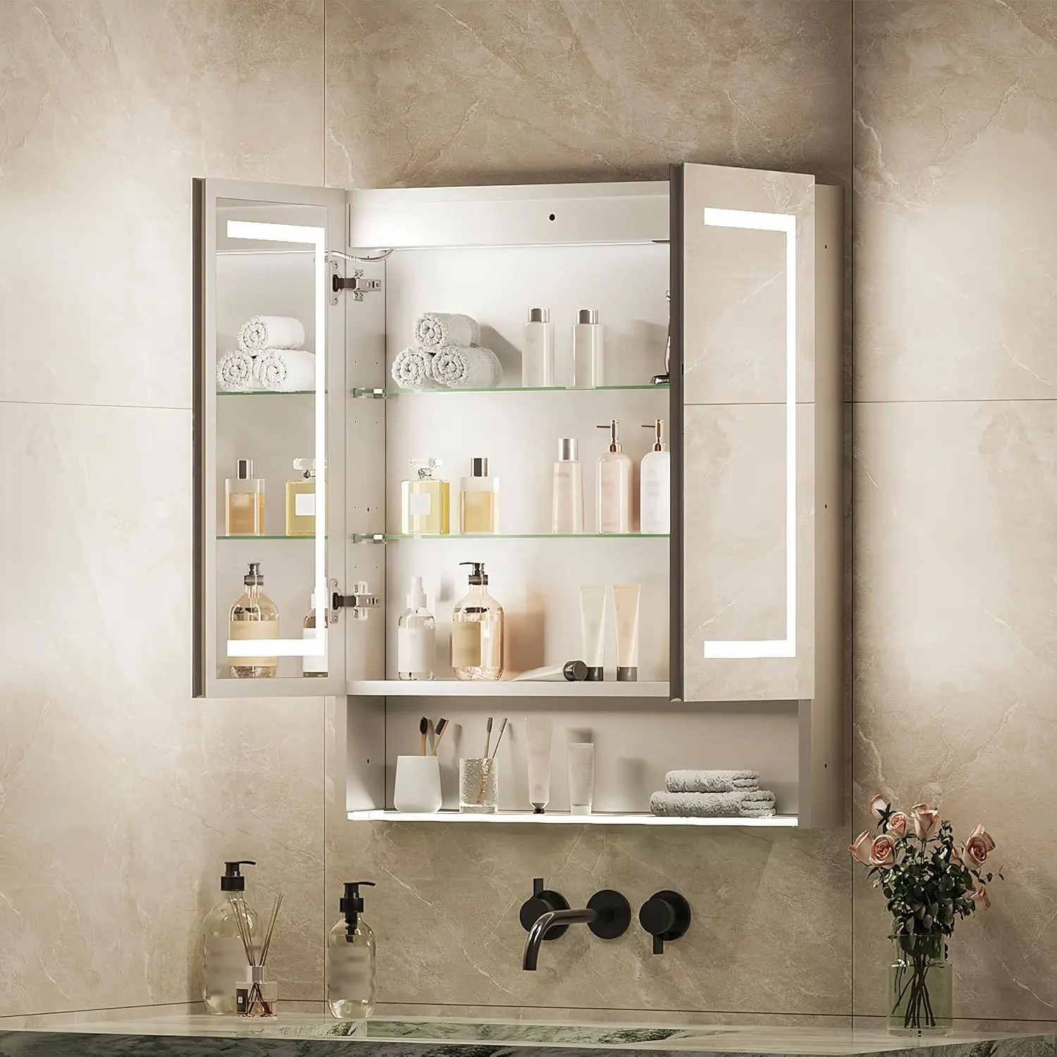 DEYGIA Bathroom Lighted Medicine Cabinet with Double-Sided Light and Mirror, Anti-Rust Aluminum Medicine Cabinet Mirror with Adjustable Light/Anti-Fog/Outlet, Pre-Assembled & Easy to Install, 28"x34"