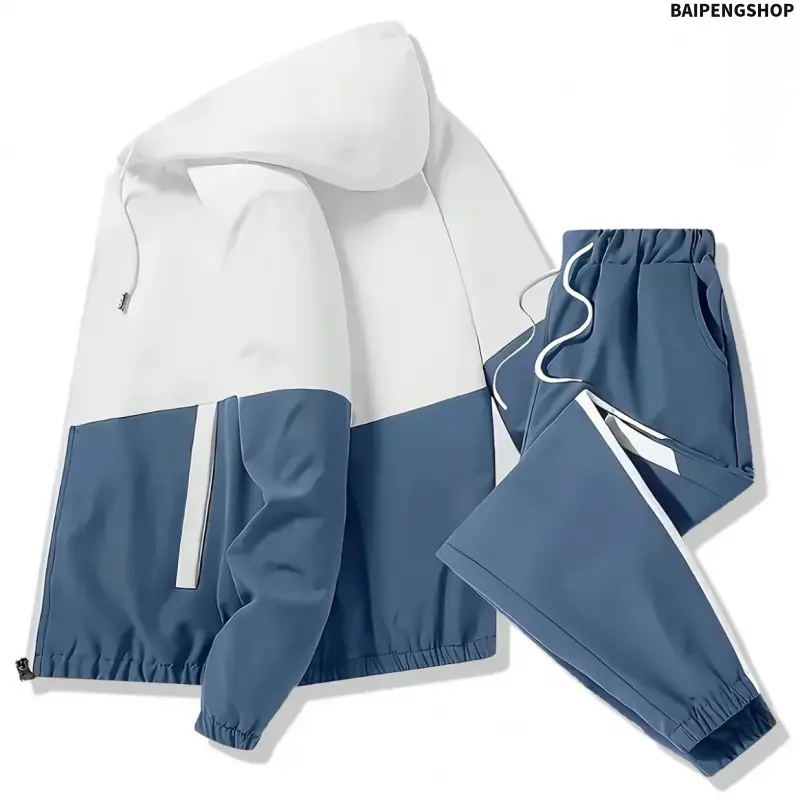 Men's Casual Tracksuit, 2-Piece Comfortable Campus Style Set with a Patchwork Polyester Hoodie and Drawstring Pants, Tracksuits