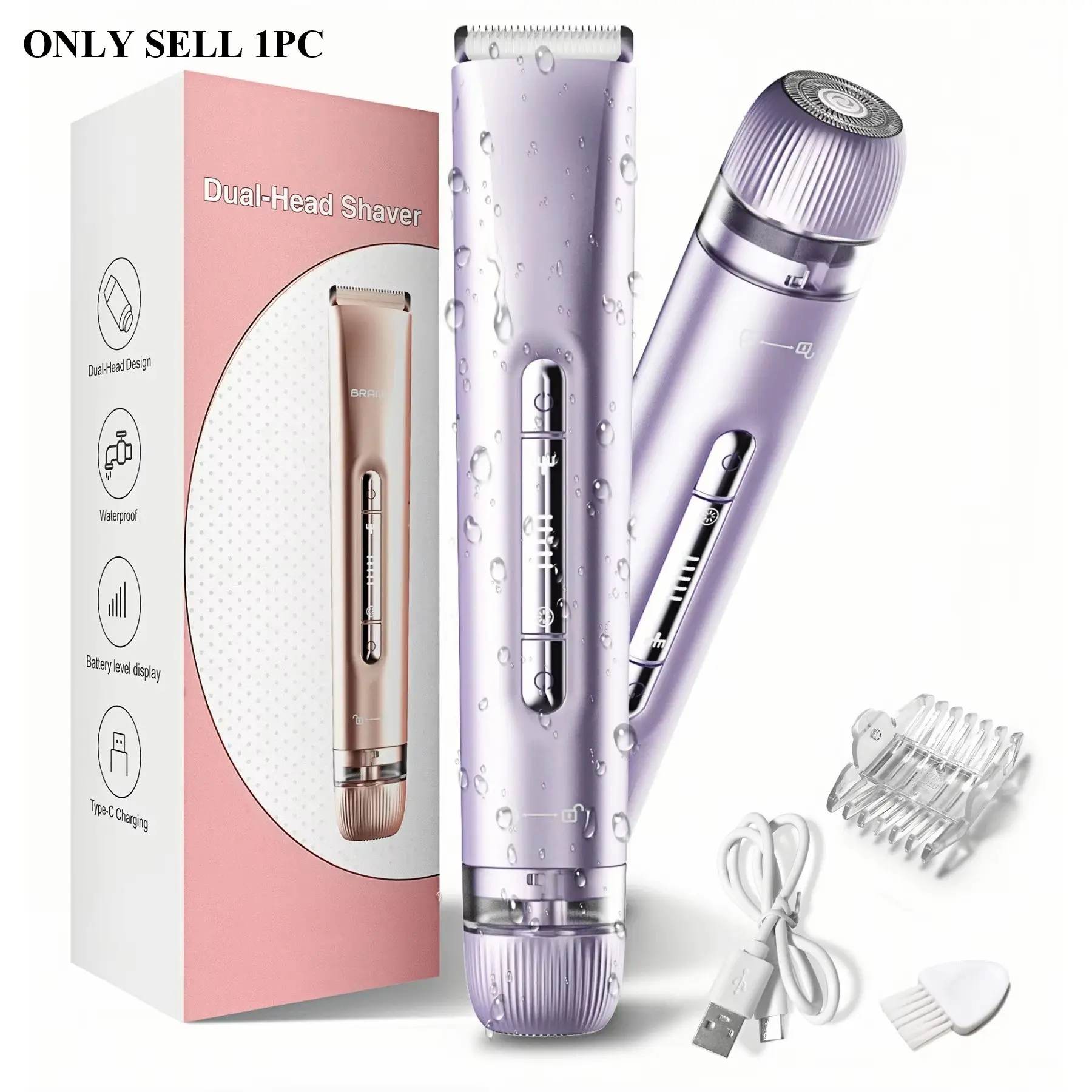 Rechargeable Electric Hair Removal Tool, Dual Head Body & Face Shaver, Waterproof Armpit & Leg Trimmer, Abs Enclosure, Lithium Ion Battery