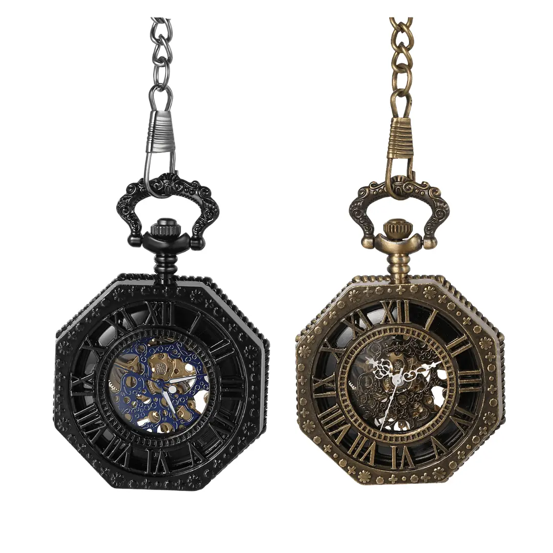Automatic Mechanical Octagonal Case Skeleton Roman Numeral Dial Pocket Watch with Waist Chain